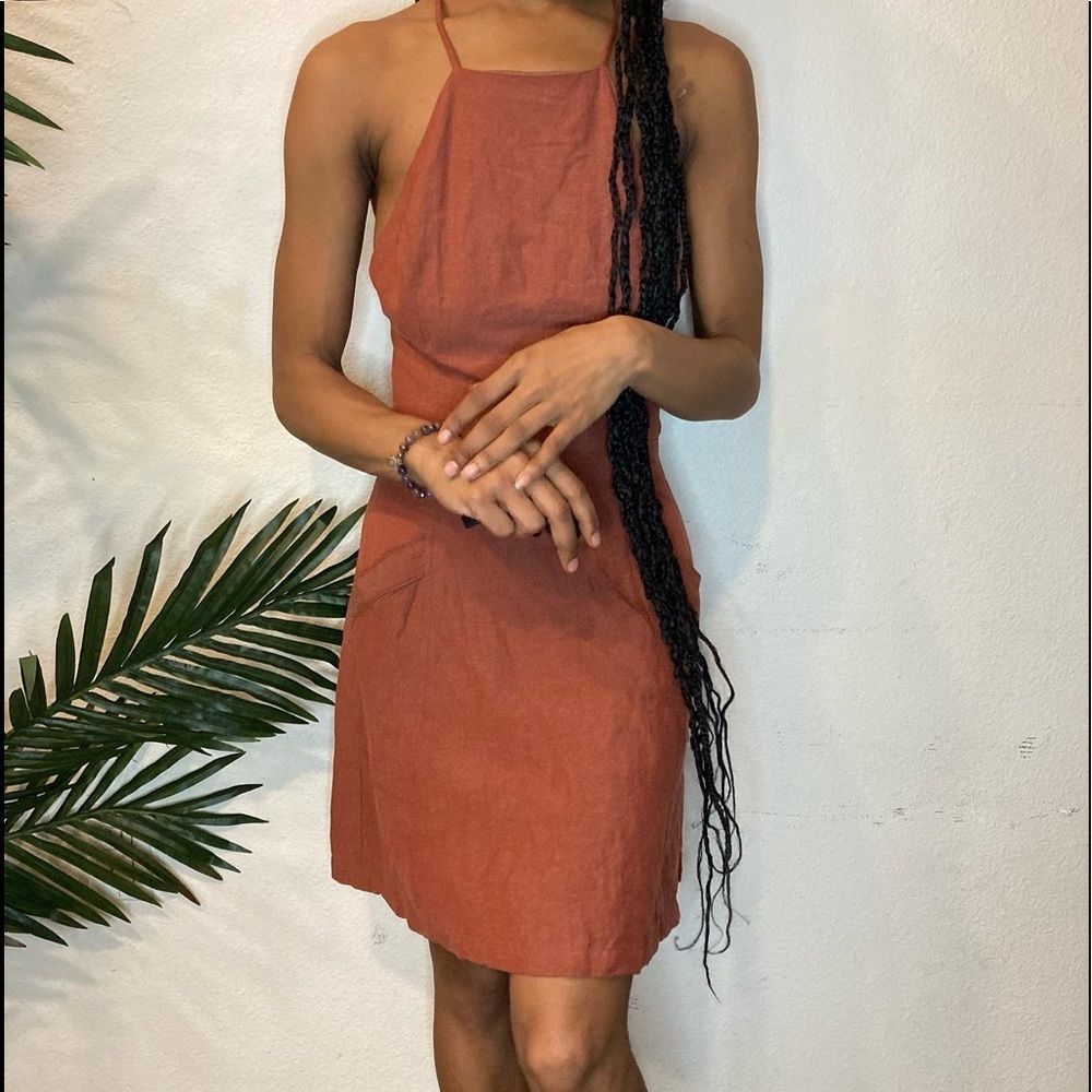 Angl Brown Linen Low Back Dress